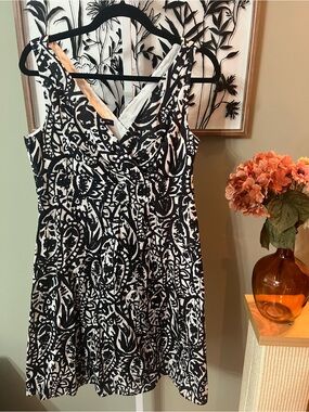 Lands’ End Black White Surplice Wrap Neckline A-Line Lined Cotton Dress Size 8